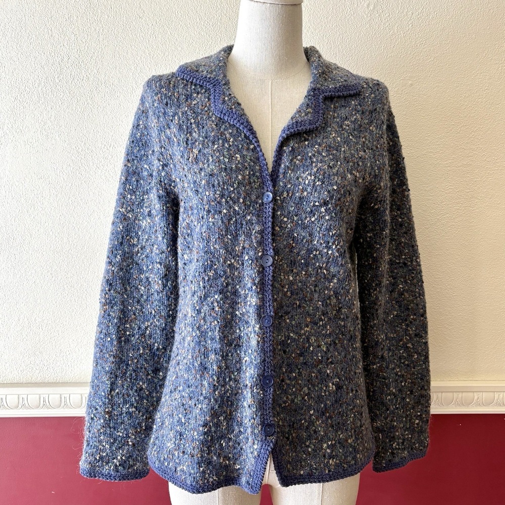 Vintage Christopher & Banks‎ hand crocheted blue speckled mohair blend cardigan
